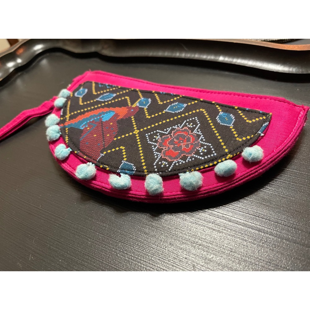 Global Desi Pink Embroidered Pom Pom Wristlet Clutch Bag Bohemian Semi Circle